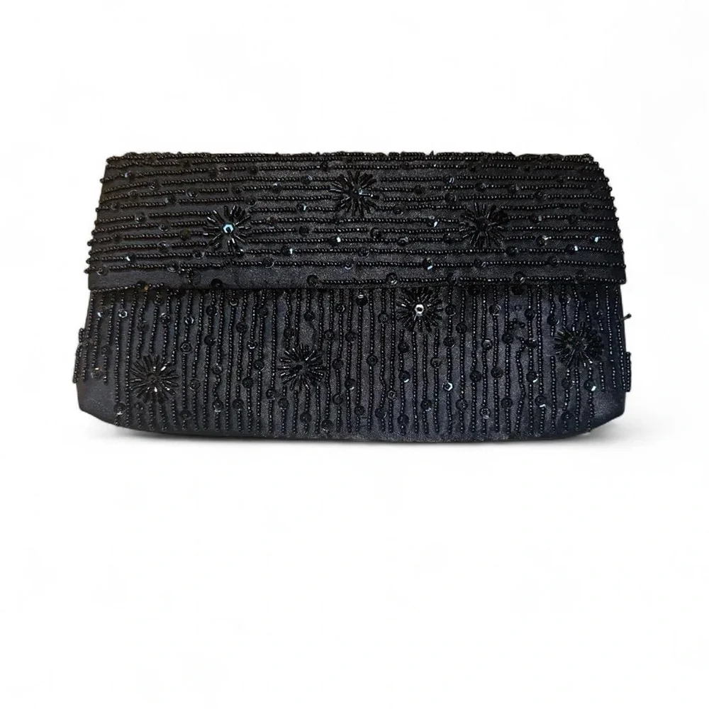 Vtg Black Seed Bead Sequin Clutch Bag Evening 1960 Some beading falling off